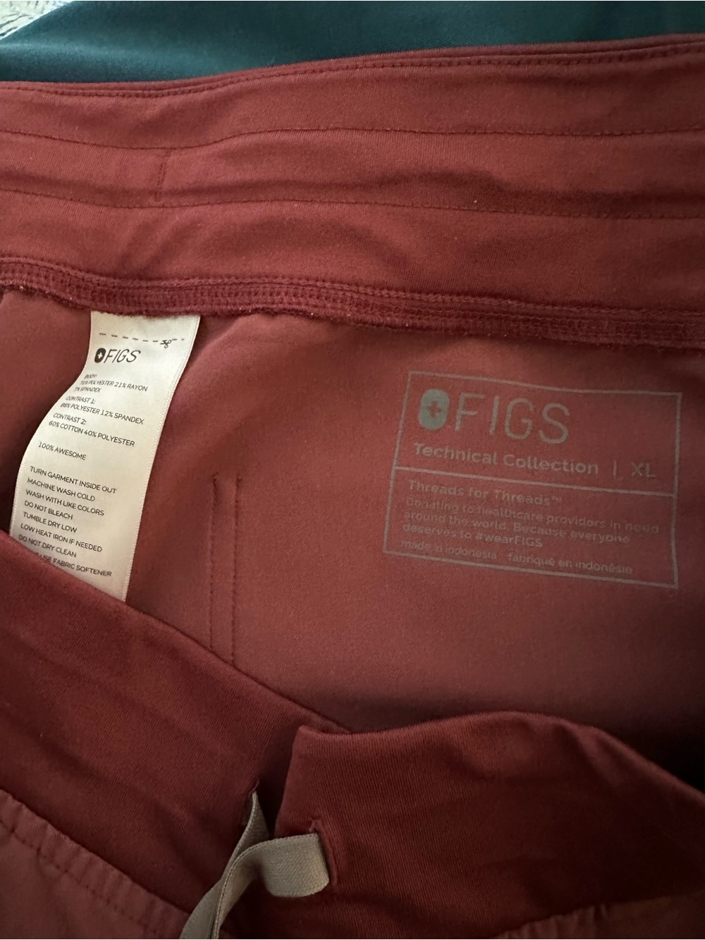 Figs Women's Jogger Pants in Brick Red with Taupe Drawstring - Picture 3 of 3